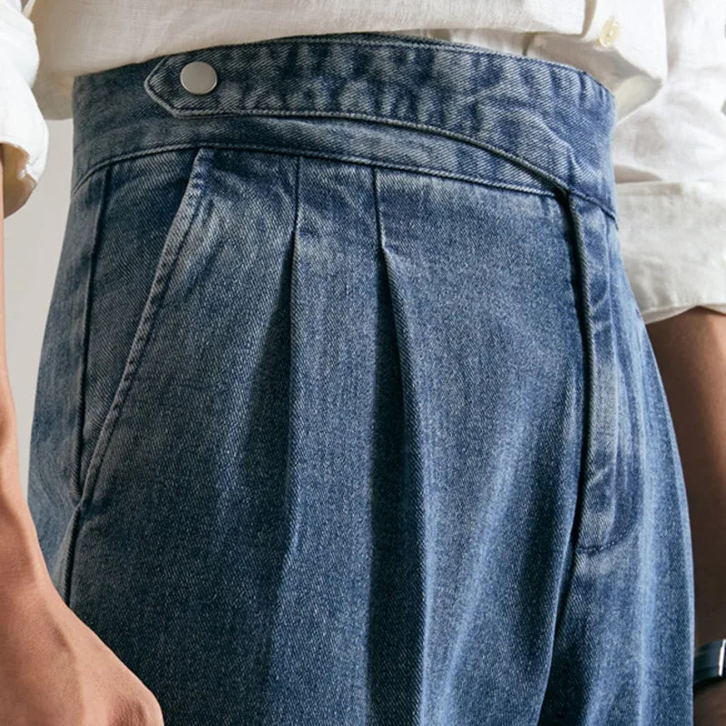 Denim Classic Gurkha Style Pant With Double Pleats, Buttoned Closure and Adjusters
