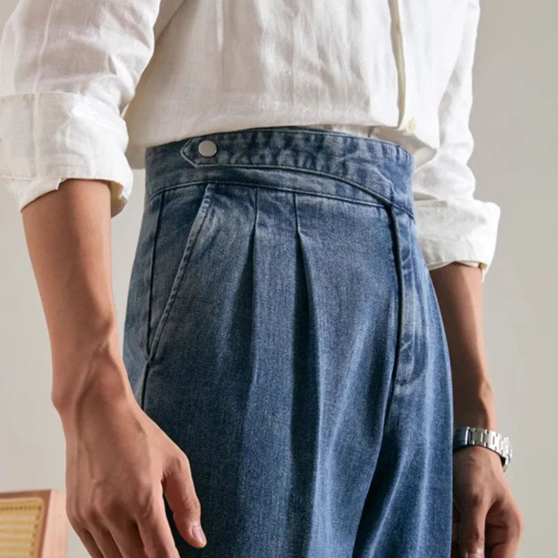 Denim Classic Gurkha Style Pant With Double Pleats, Buttoned Closure and Adjusters