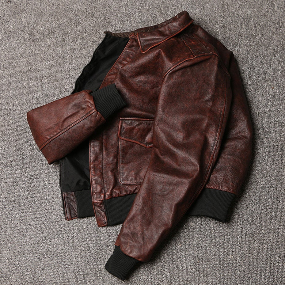 Vintage A-2 Genuine Leather Flight Jacket - Classic Rugged Style, Genuine Leather, Sophisticated Retro Look