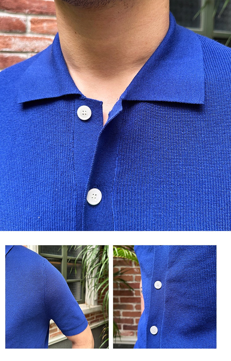 Basic Colour Knitted Cardigan T-Shirt - Buttoned, Polo Collar, Sartorial, Vintage Inspired