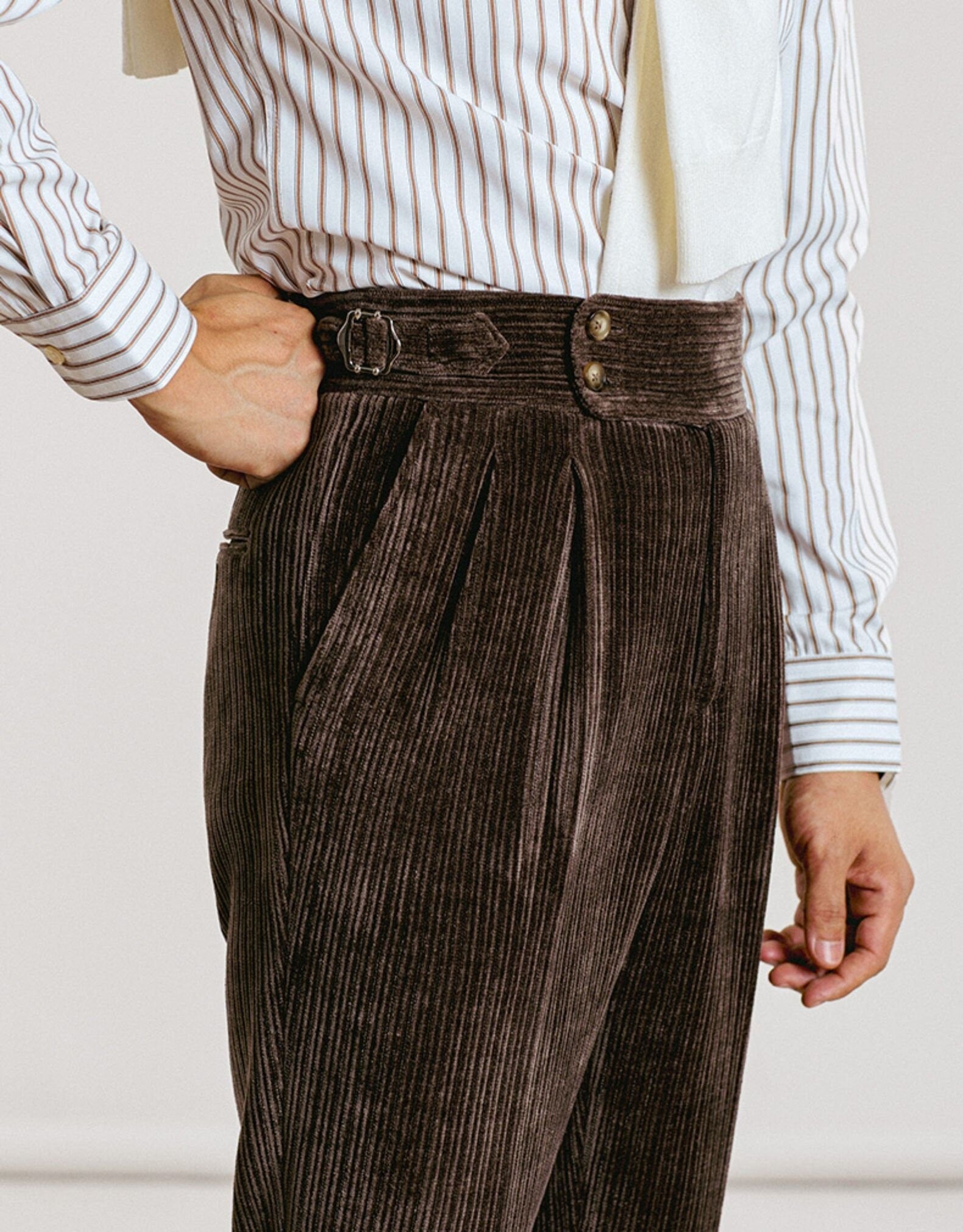 Gurkha Style Pleated Corduroy Pants High Waisted Vintage Side Adjusters Buckle Bespoke Style
