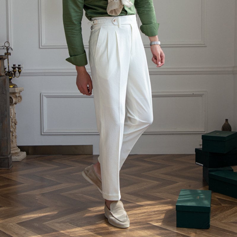 White Textured Gurkha Style Trousers: Side Adjusters, Sartorial Fit, and Versatile Look