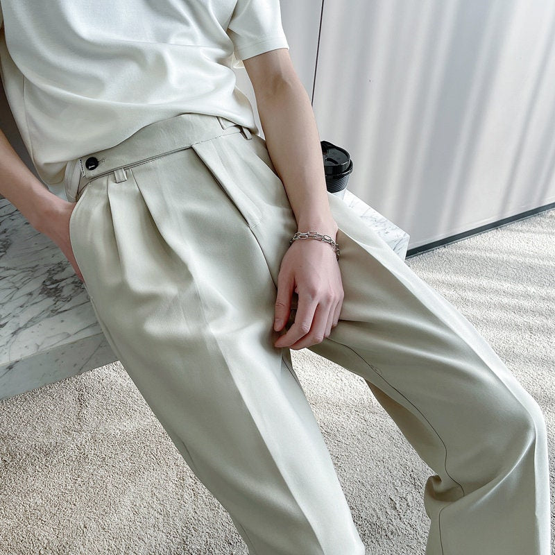 Folder Button Pleated Straight Unisex Trousers