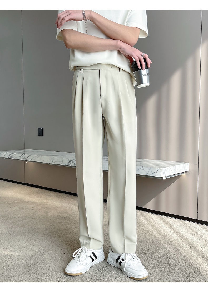 Folder Button Pleated Straight Unisex Trousers