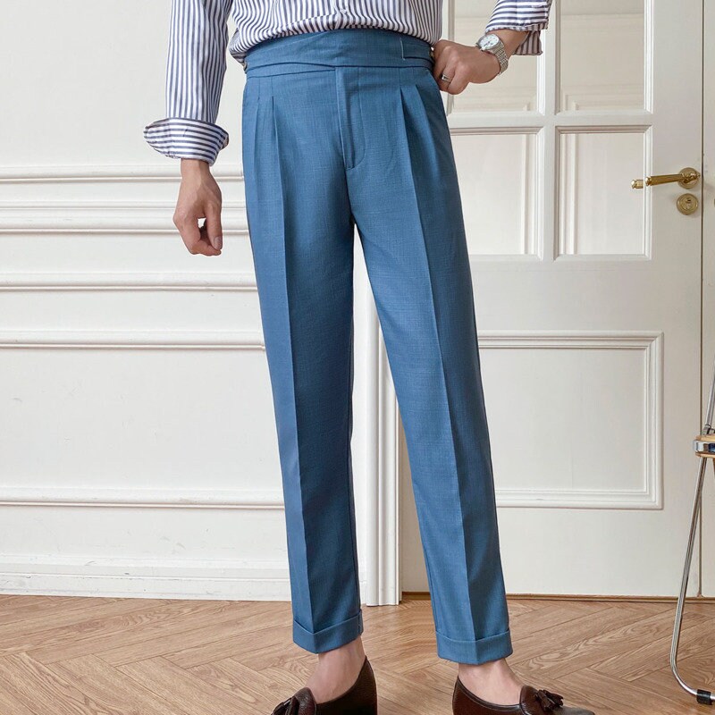 Modern Ultra Sartorial Gurkha Style Trousers With Double Pleats Front, Buttoned Side Adjusters
