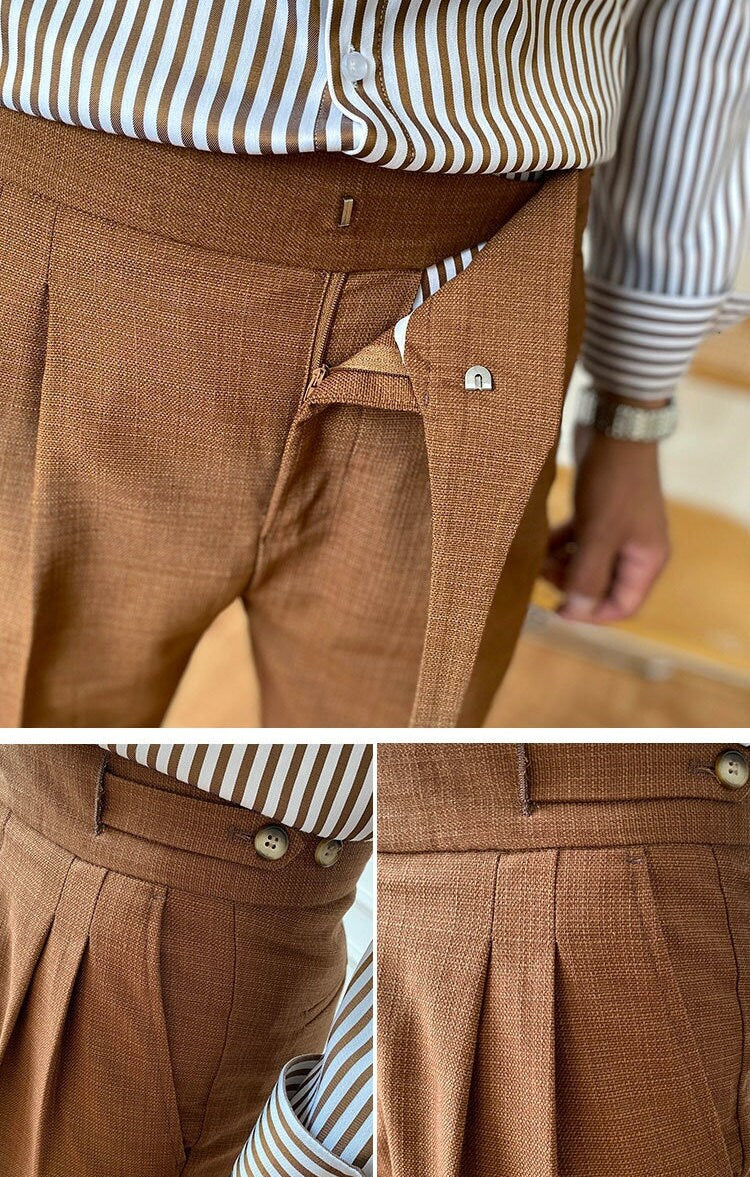 Modern Ultra Sartorial Gurkha Style Trousers With Double Pleats Front, Buttoned Side Adjusters