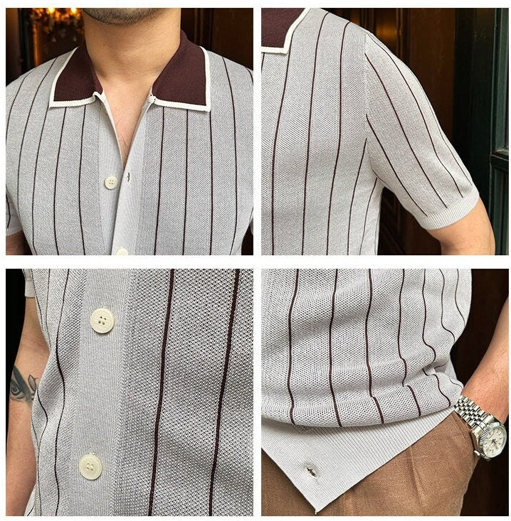 Striped Knit Cardigan Style Polo T-Shirt Sartorial Look