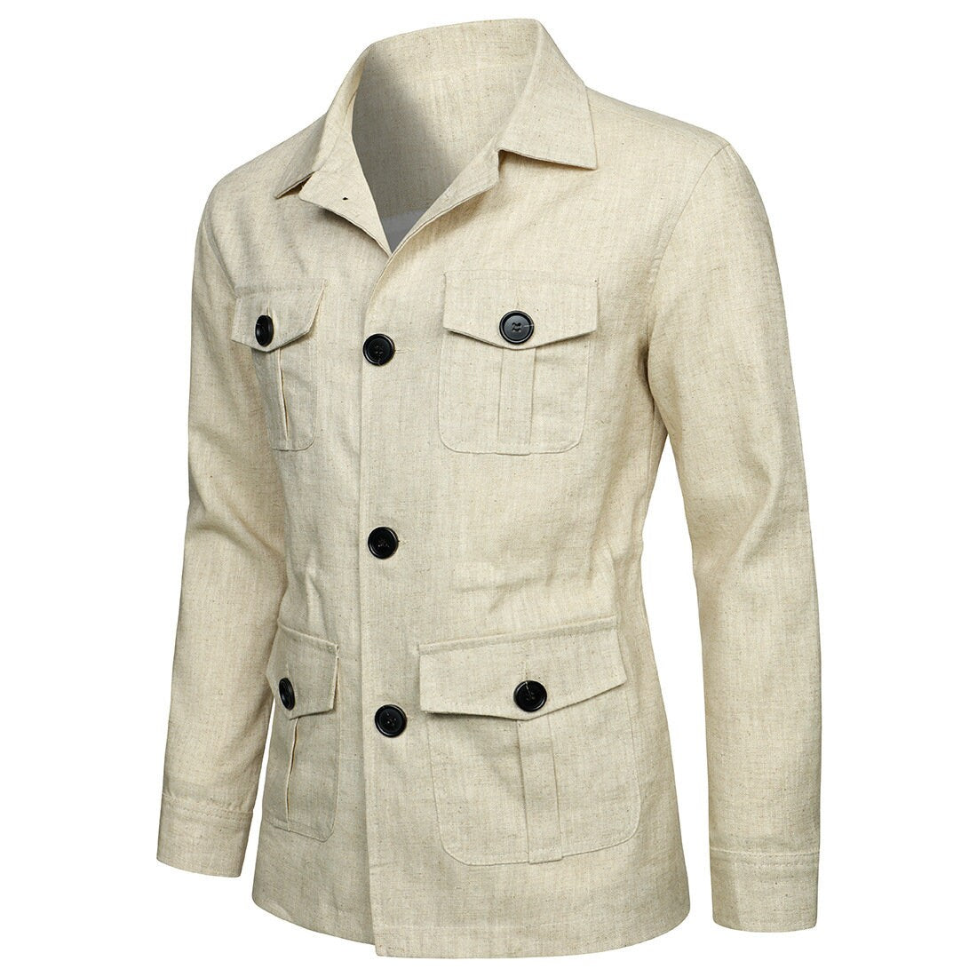 Military Safari Style Sartorial Jacket with Adjustable Waist, Cotton Linen Fabric for Comfort All Season