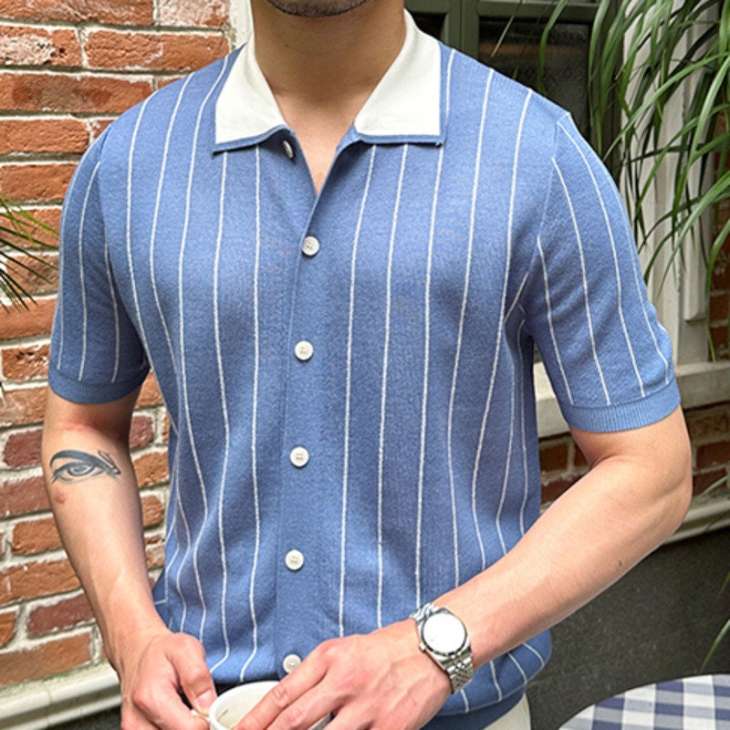 Striped Knit Cardigan Style Polo T-Shirt Sartorial Look
