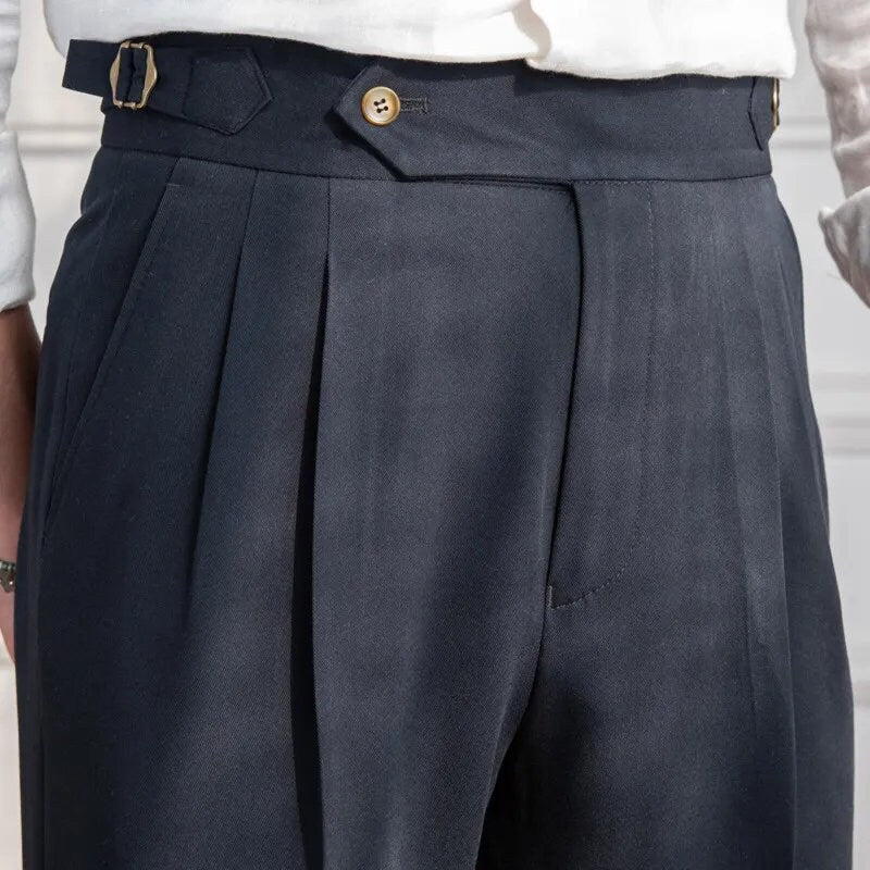 High Waisted Gurkha Style Vintage Inspired Sartorial Pants With Side Adjusters Double Pleated V-Cut Front Closure