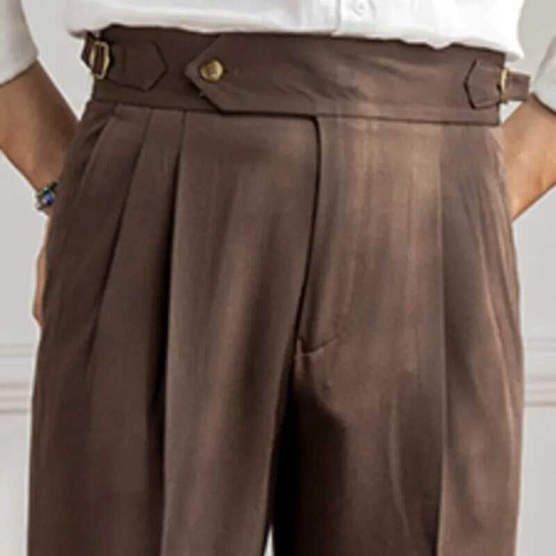 High Waisted Gurkha Style Vintage Inspired Sartorial Pants With Side Adjusters Double Pleated V-Cut Front Closure