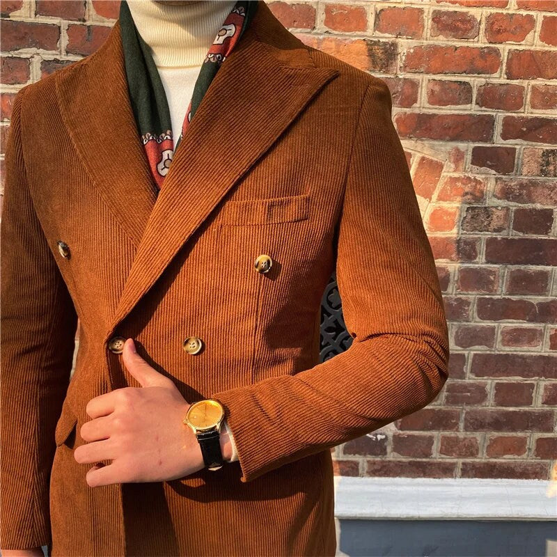 Double Breasted Corduroy Peak Lapel Blazer with 6-Button Closure - Versatile, Sophisticated, Formal and Casual Style