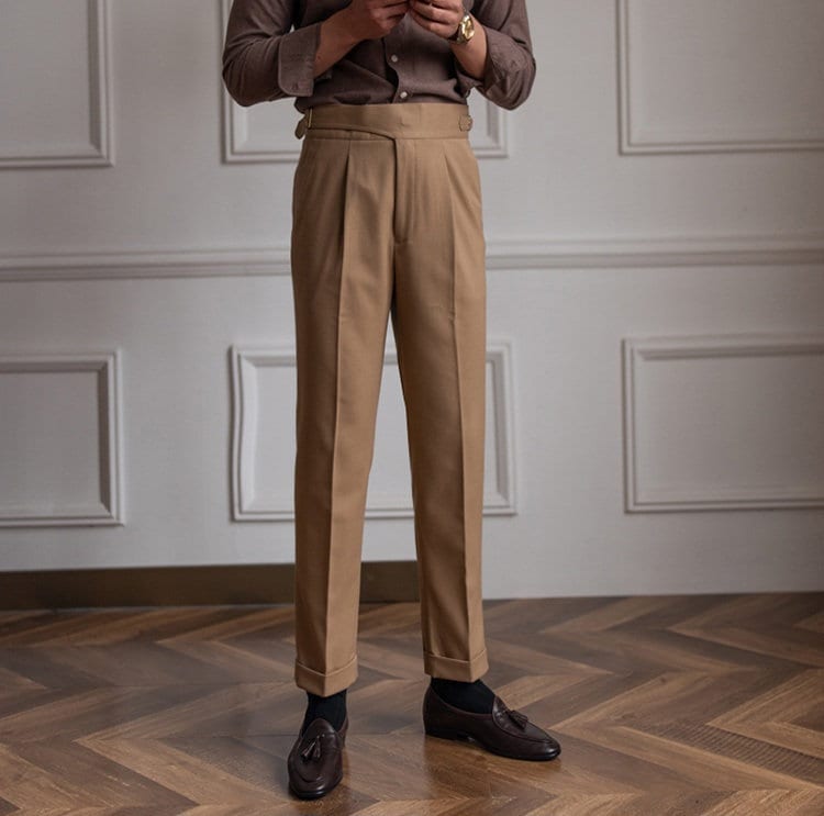 Classic Gurkha Pants Military Style - High Waist, Rectangle Vintage Buckle, Pleated